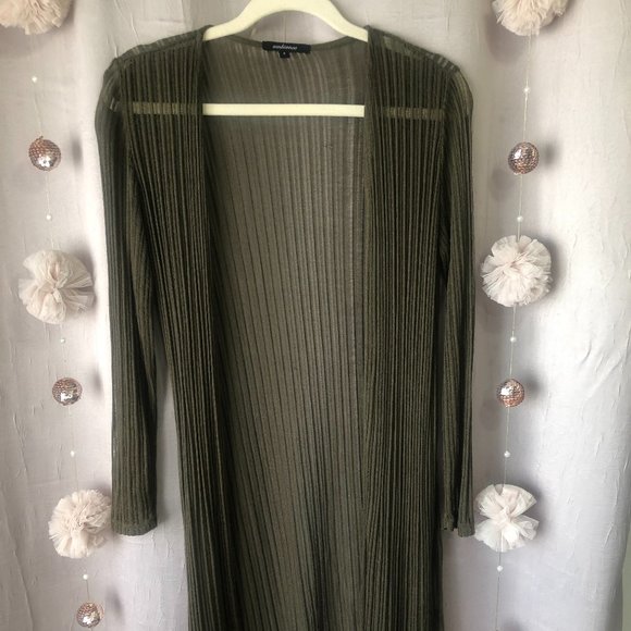 Ambiance Olive Green Long Open Weave Cardigan - Picture 1 of 4